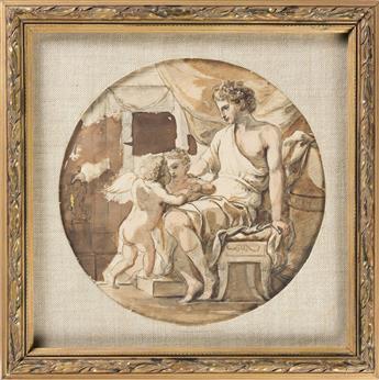 ÉTIENNE DE LAVALLÉE-POUSSIN (Rouen 1733-1793 Paris) Interior Scene with a Seated Young Mythological God and Putti (Apollo and Cupid).